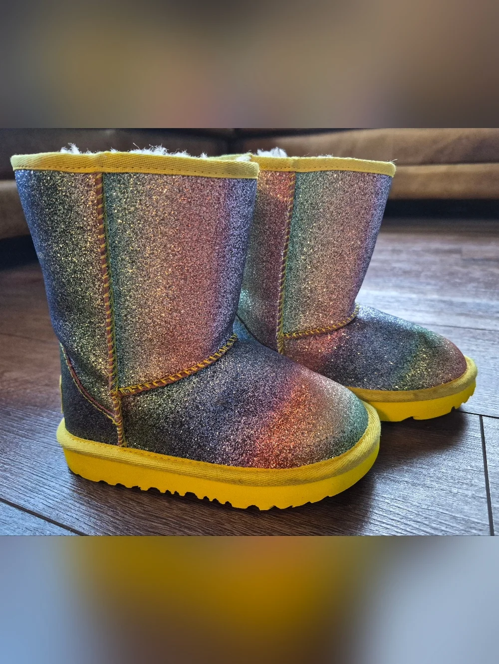 UGG Rainbow Glitter Yellow Sole Classic Short Shearling Fur Lined Kids Sz 9